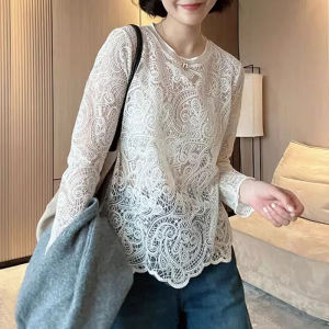 French White Lace Shirt Elegance Fashion Round Neck Long Sleeve Blouse