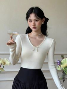 เสื้อชั้นในแขนยาวทรงสลิมฟิตสำหรับผู้หญิง ฤดูใบไม้ร่วง/ฤดูหนาว เสื้อชั้นในสไตล์เกาหลีใหม่ คอวี ปกติ