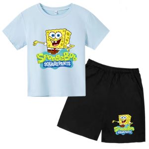 Potdemiel | Bộ Áo Thun Và Quần Short Cổ Tròn SpongeBob Mùa Hè Cho Trẻ Em 3-12Y Bộ Trang Phục Hai Mảnh Thể Thao Thông Thường Cho Bé Trai Và Bé Gái