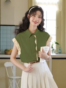 MUTU | Muteb French Vintage Hong Kong Style Color Block Short Sleeve Shirt Women Summer New Loose Top Button Design Bubble Sleeve