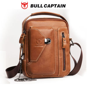 BULLCAPTAIN Mens Messenger Leather Bag Casual Business Messenger Bag Multifunctional 6.7-inch Mobile Phone Anti-theft Portable Shoulder Bag