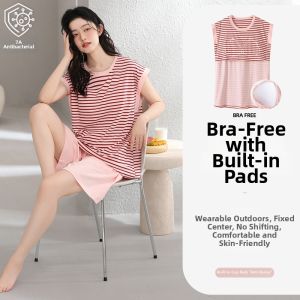 Yuzhaolin | Breast Pad Included Cotton Ladies Sleepwear Set Summer