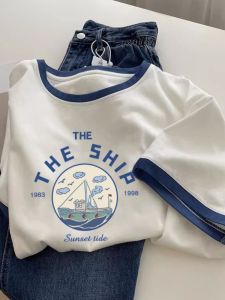 Contrast Color Short Sleeve T-Shirt Womens Summer Stylish Niche Style French Style Beautiful Unique Chic Small Shirt Shoulder Print Tops