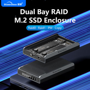 Blueendless | Blueendless 2 Bay RAID M.2 SATA M.2 NVME SSD Enclosure Aluminum Dual Bay NVMe RAID SSD Case Support Max 16TB RAID0/1/PM Mode
