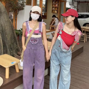 เอี๊ยมยีนส์วินเทจใส่ได้สองแบบเย็บติดกันลายตารางจั้มสูทขากว้างทรงหลวมขากระบอกสำหรับนักเรียนน่ารักสำหรับคนตัวเล็กผู้หญิง