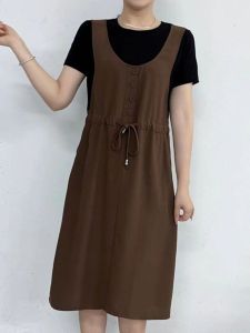 Casual Slimming False Two-Piece Drawstring Lace-up round Neck 2023 Summer Clothing New Short Sleeve Dress Middle-Aged Mother Wear Female