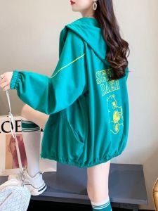 plus Size Womens Fish Scale Cotton Printed Hooded Zipper Jacket Loose Meat Covering Fashionable Open Cardigan Top