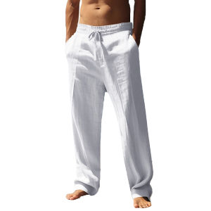 Mens Long Pants Summer Solid Color Male Casual Elastic Waist Casual Pants Harajuku Trous Breathable Linen Trousers