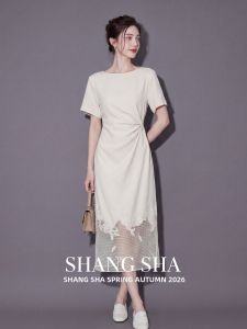 SHANGSHA | Elegant Midi Dress for Women with Knot Waist Design Lace Trim Comfortable Fit Summer Dress for Important Occasions