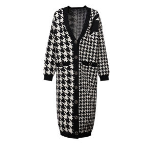 V-neck Plaid Color-block Long Cardigan
