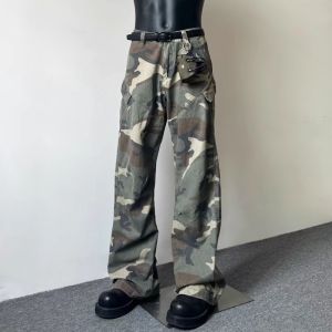 American Retro Camouflage Jeans Mens Loose Fit Bell Bottom Workwear Trendy Vintage Design Multi Pocket Long Cotton Denim