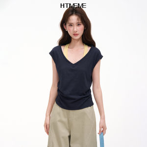 HTMEME | Áo Thun Nữ V-Neck Tay Ngắn Kiểu Mô Phỏng Áo Hai Mảnh