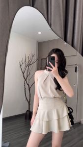 et Áo Yếm Hở Vai Sát Nách Phối Chân Váy Lụa Bèo Tầng Sang Chảnh Style Hàn Quốc Nhẹ Nhàng 2 Tone Màu Basic Vintage