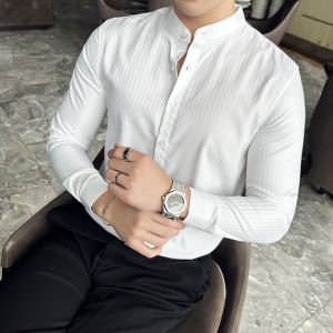 Mens Long Sleeve Shirt Textured Solid Color Stand Collar Business Casual Fashion Urban Style Polyester Blend Washed Process