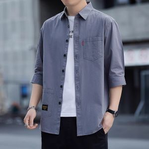 Mens Casual Cotton Shirt Short Sleeve Loose Fit Summer Quick Dry Seven-Foot Sleeve Mens Button-Up Pure Color Shirt