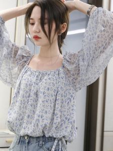 Salt Sweet Blue Leaves Short Top Mori Style Deep Sea Slim Looking Floral Drape Tight Waist Summer Small Shirt Chiffon Shirt Fashion