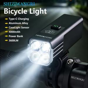 SHIZIWANGRI | SHIZIWANGRI Light Sensor Bicycle Light 3600LM 4000mAh Type-C Rechargeable Front Light Aluminum Alloy 5 Modes Mobile Power Bank