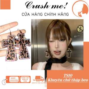 Crush me TS10 Bông tai chữ thập viền đá in họa tiết da báo khuyên tai thánh giá da beo đính đá phong cách y2k leopard