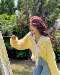 เสื้อสเวตเตอร์ถักแขนพองสไตล์เกาหลี ทรงหลวม คอปก ผูกโบว์ผีเสื้อ ทรงเข้ารูป แขนยาว ปกติ ปกติ ปกติ ปกติ