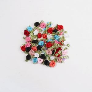 50pcs Satin Ribbon Rose Bud 1.5x2.5cm Flowers Buds With Green Leaves for Scrapbook DIY Headwear Garment Wedding Decor Supplies