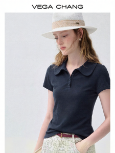 VEGA CHANG | Áo Thun Polo Nữ Ôm Body Tay Ngắn Cổ Bẻ Màu Xanh Hải Quân