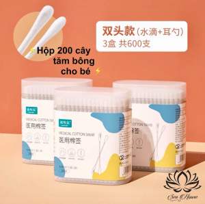 Tăm bông cho bé sơ sinh và trẻ em hộp 200 cây.Hàng sẵn Nowship