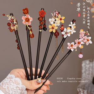 Red Flower Wooden Hairpin Womens New Chinese Style 2024 New High-End Ancient Fashion Hairpin Elegant New Year Headwear