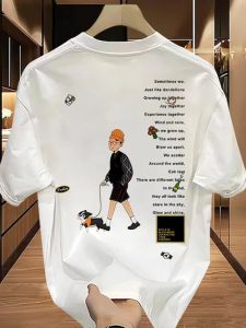 Áo Thun Nam Tay Ngắn in Họa Tiết Hoạt Hình Phong Cách Mỹ Mùa Hè Dáng Rộng Cổ Tròn in Chữ Thời Trang Thường Ngày Bằng Cotton
