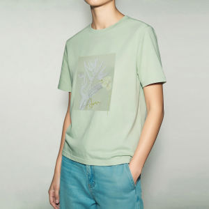 AMII | Relief Floral Print Letter Embroidery Stretch Cotton T-Shirt