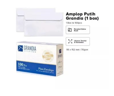 1Pak AMPLOP Putih isi 100 pcs Mrk GRANDIA 104 / Amplop ukuran standar - Dengan Lem perekat