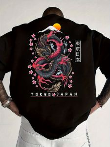 Fashionable mens summer new dragon print flower comfortable breathable round neck T-shirt outdoor street style top