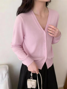 QINGNAER | Pink Minimalist V-neck Button-down Knit Cardigan Large Size