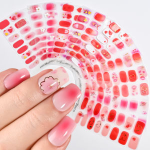 16Tips Gradient Blush Valentines Day Nail Polish Sticker Gold Heart Flower Line Nails Wraps Self-adhesive UV LED Manicure Decal