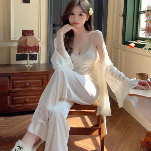 Gold Velvet Sleepwear Womens Lace Trim Chemise with Chest Pad Three-piece Set Long Pants Long Sleeve Autumn Winter Home Clothes