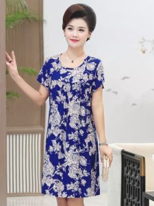 Cỡ Lớn Nhân Tạo Cotton Vải Bông Đồ Ngủ Nữ Mùa Hè Rộng Rãi Midi Đầm Váy Ngủ Lụa Mặc Nhà Cổ Tròn Tay Ngắn In