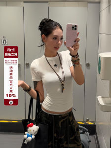 Slim Fit American Style Cross Waist T-Shirt Womens Short Sleeve Base Shirt Retro Hot Girl Shoulder Appropriate Slimming Top