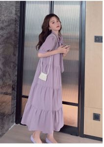 plus Size Purple Summer Dress Womens French Style Sweet First Love Skirt Slimming Meat Covering Long Dress Commute Korean Version