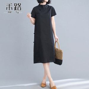 Summer New Retro Chinese Style Modified Qipao Dress Mid-Length Cotton Linen Loose plus Size Womens Short Sleeve Dress