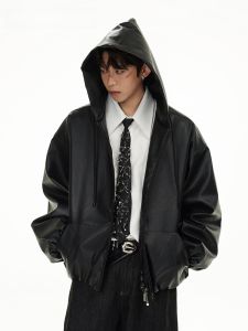 HetingHOME | Hetingghome Autumn Trendy Couple Motorcycle Jacket Loose Mens Leather Coat Hooded Outerwear Casual Youth Polyester Fiber