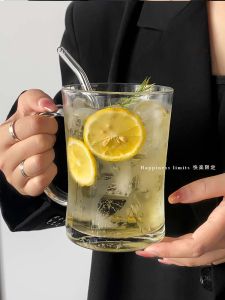 Large Capacity Glass Tea Cup Ins Style Thickened Water Cup Home Use Women Summer Fruit Juice Drink Cup Nordic Style round Shape