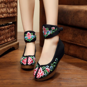 Beijing Style Embroidered High Heel Single Shoes Red Wedding Shoes Nationalistic Slope Heel Increased Height Dance Show Shoes