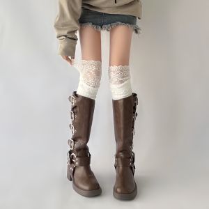 Wuuuus ผู้หญิง ลูกไม้ ถุงเท้ายาวตัดแต่ง สีขาว ถุงเท้าบูทยาวเหนือเข่า Jk Style High Tube Cushioning ตลอดทั้งปี เป็นกลาง
