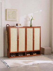 Bamboo Shoe Cabinet With Rattan Door Multi-layer Rack Organizer Indoor Breathable Dustproof 2/3/4Doors