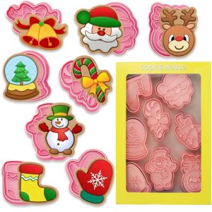 8 PCSChristmas Cookie Molds Christmas Dough Stamps Plastic 3D Cartoon Pressable Cookie Molds DIY Candy Baking Pastry Decoration