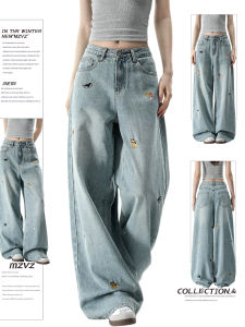 MZVZ | Quần Jeans Thêu Xanh Dáng Rộng Ống Đứng Cao