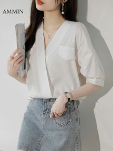 AMMIN เสื้อเบลาส์แขนสั้นคอวีสีทึบเรียบง่ายสำหรับฤดูร้อนเสื้อเชิ้ตผ้าชีฟองสำหรับเดินทาง เสื้อเบลาส์แขนห้า S-Club สำหรับผู้หญิง สีทึบ คอวีสี
