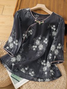 Elegant Embroidered Cotton Linen Shirt Womens Summer Slim Fit Overhead Tea Costume Top Chinese Style round Neck Seven Sleeve