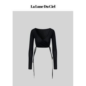 La lune Du ciel | Áo Ngắn Tay Đan Form Ôm Cổ V Kéo