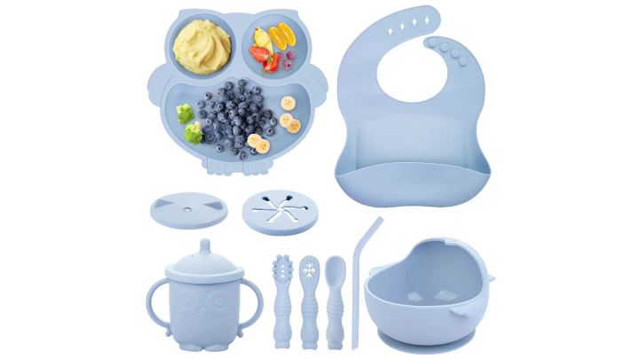 Baby Weaning Set, Silicone Baby Feeding Set(10 Pcs), Toddler Weaning Set with Adjustable Bib, Suction Bowl, Plate, Fork, Spoon, Water & Snack Cup Kit, Baby Led Weaning Kit for Babies and Kids