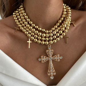 Salircon Exaggerated Inlaid Rhinestone Big Cross Pendant Necklace Women Multilayer Aesthetic Design CCB Beaded Choker Jewelry